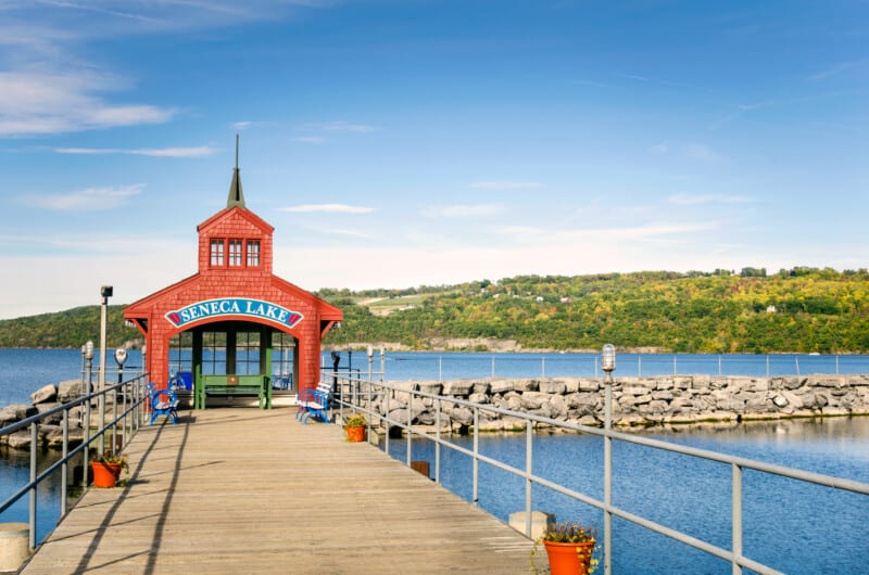 Red shelter on pier on Seneca Lake - Visiting Watkins Glen with Pets